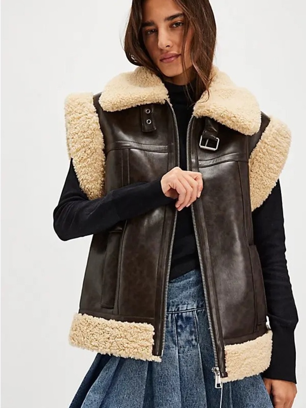 Apparis Brown Faux-Leather Teddy Shearling Vest with Cream Trim